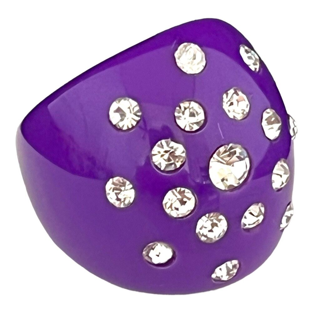 Vintage 1970s Lucite Dome Ring Purple Rhinestone Studded Statement - 13S